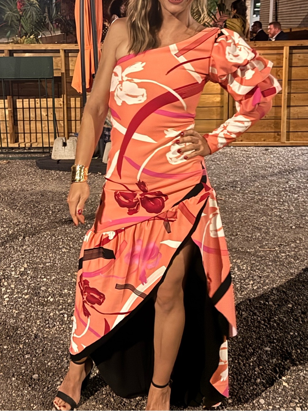 Handmade | One-Shoulder Coral Floral Maxi Dress with High Slit and Lined Skirt